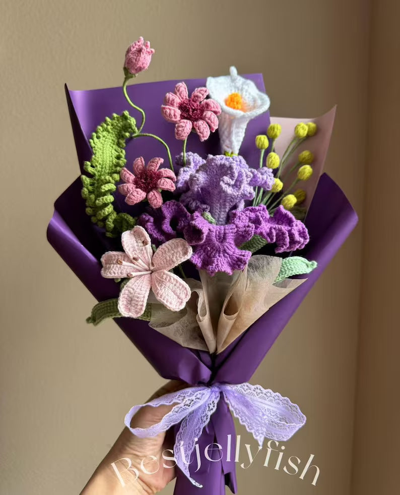 Mother's Day Crochet Flowers Bouquet Handmade, Purple, iris, Daisy, Home Decor, Finished Product, Gift For Her, Birthday, Girlfriend