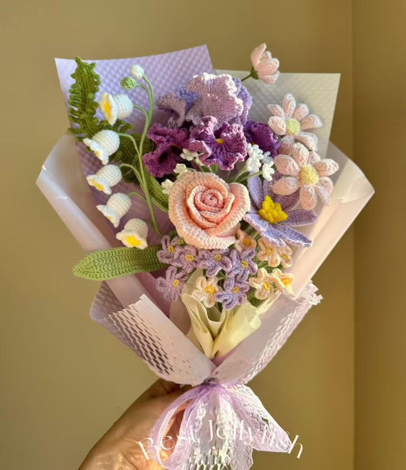 Mother's Day Crochet Flowers Bouquet Handmade, Purple, iris, Daisy, Home Decor, Finished Product, Gift For Her, Birthday, Girlfriend